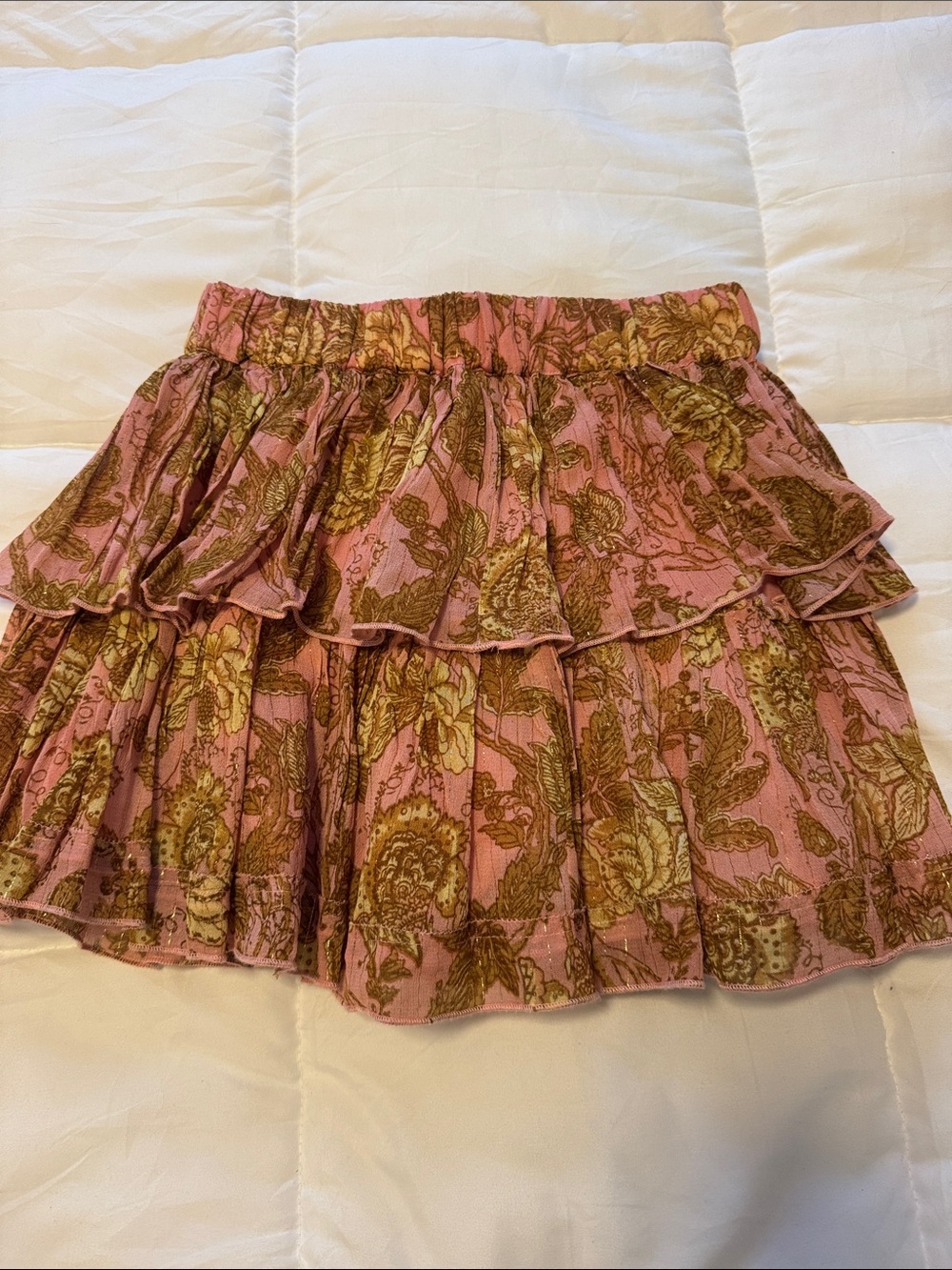 Lulu's Pink and Gold Floral Tiered Mini Skirt